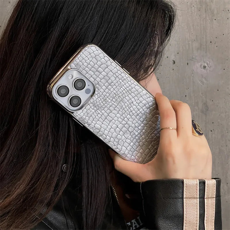 Crocodile pattern electroplated imitation leather phone case for iPhone 12 Pro Max 13 Pro Max and 14 Pro Max