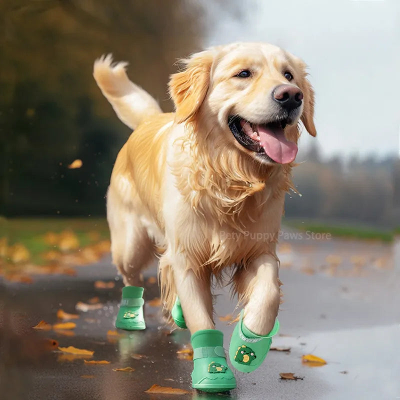 Waterproof anti-slip silicone pet rain boots, 4PCs, blue green pink yellow, sizes L to 5XL