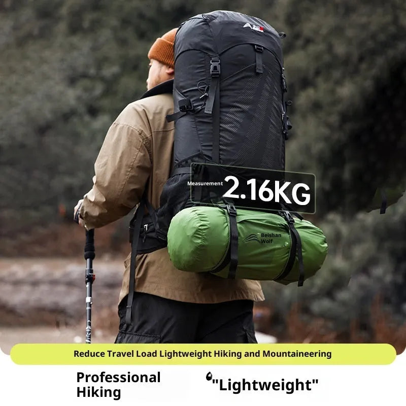 Portable lightweight hiking tent for 1-2 people with aluminium poles, field green colour, pitched outdoors