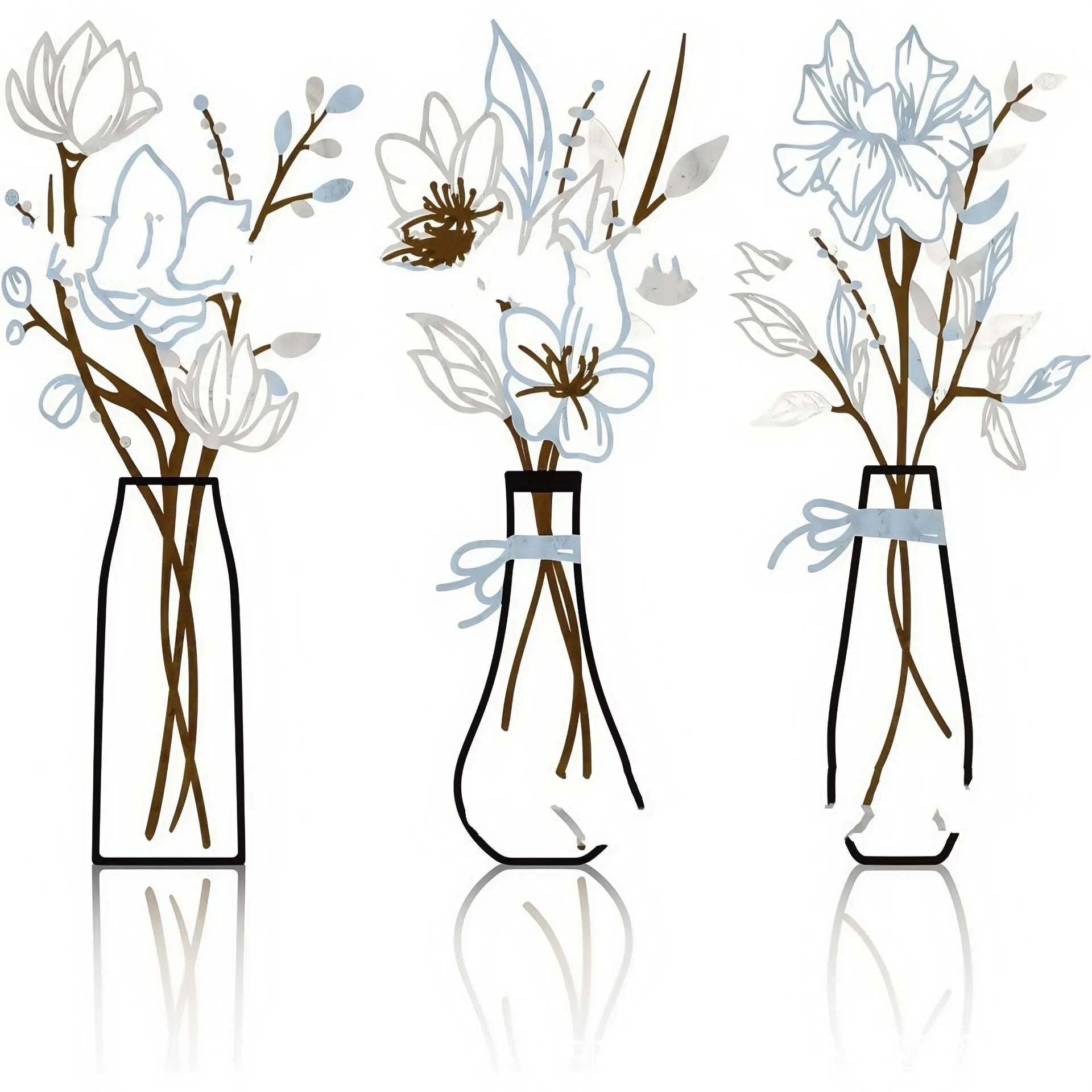 Three metal floral wall art plaques with vase designs in modern farmhouse style