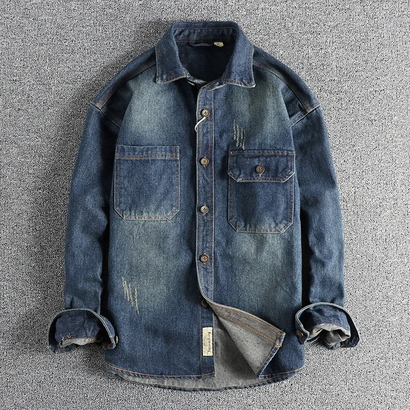 Men's vintage denim shirt in light blue washed cotton with loose cardigan fit and long sleeves