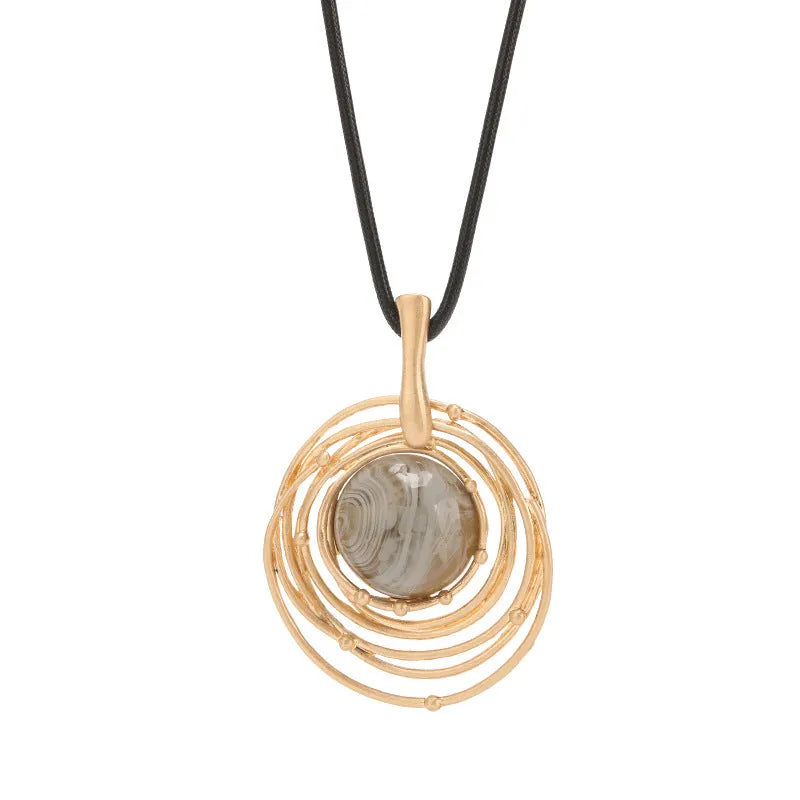 Women's vintage gold adjustable long necklace with geometric plaid alloy pendant on a snakeskin wax rope chain.