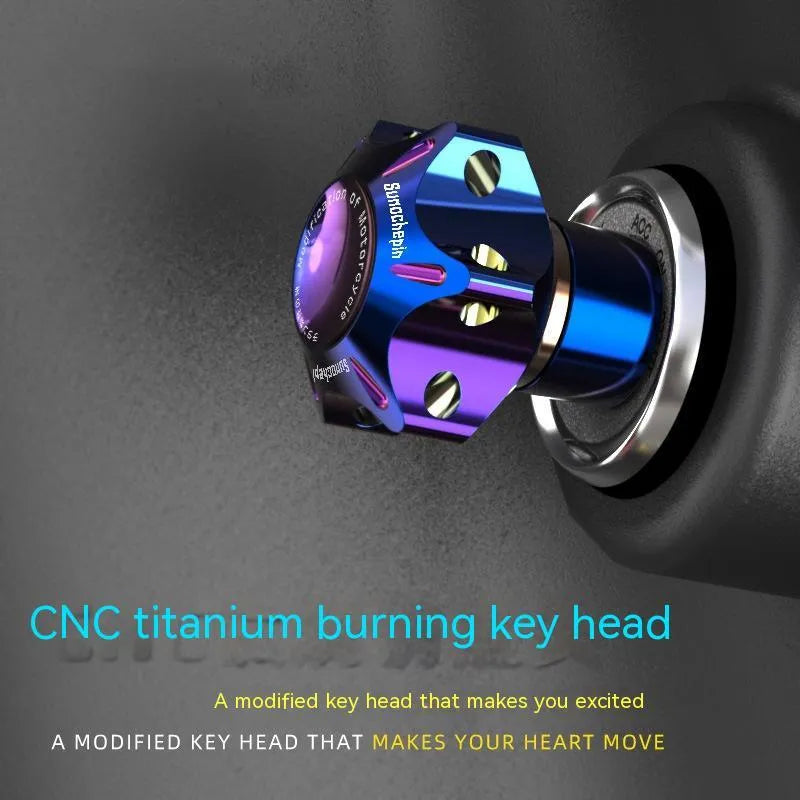 Motorcycle key head cover in T6 aluminium alloy showing hexagonal, pentagram, and plum blossom design options.