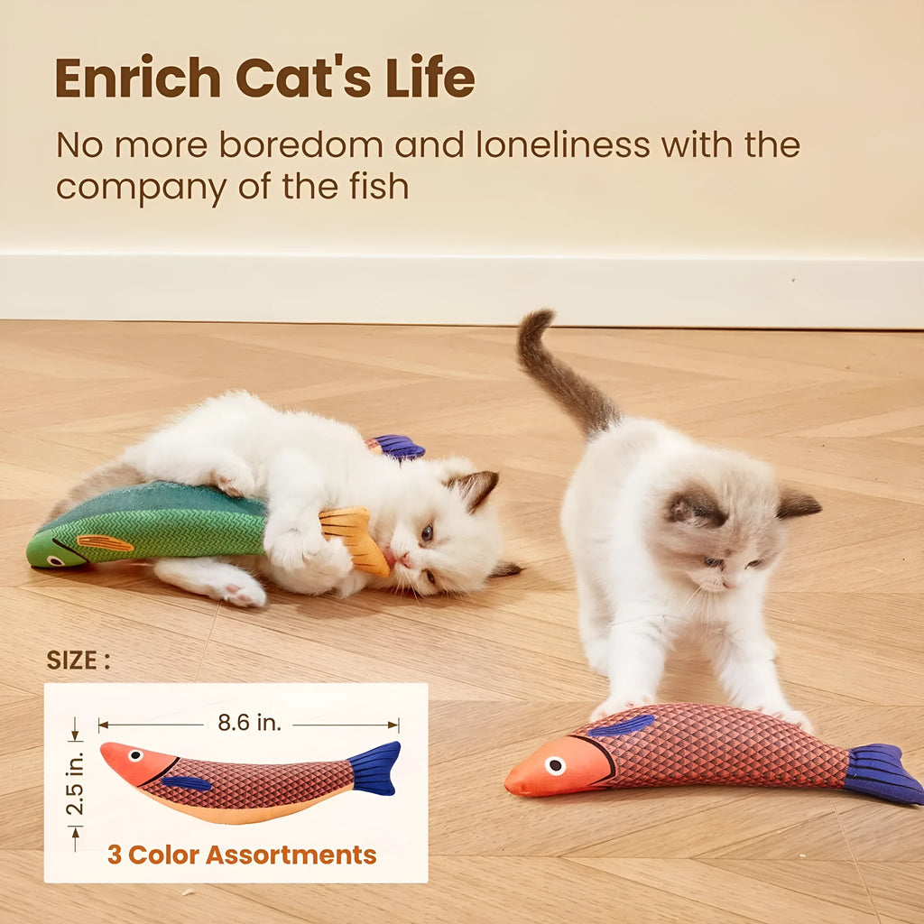 Plush green saury fish cat toy with organic catnip filling on a white background.