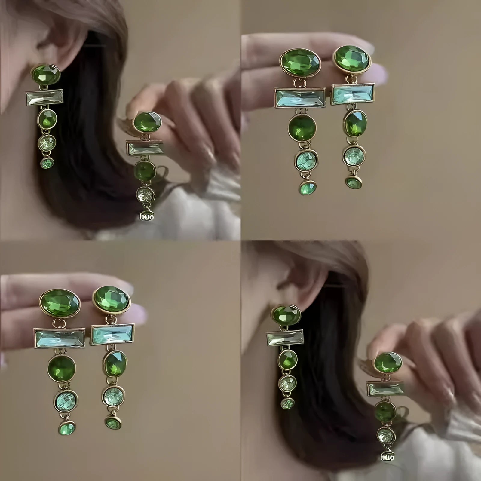 Retro green gradient geometric stud earrings with long silver tassel drop on a white background.