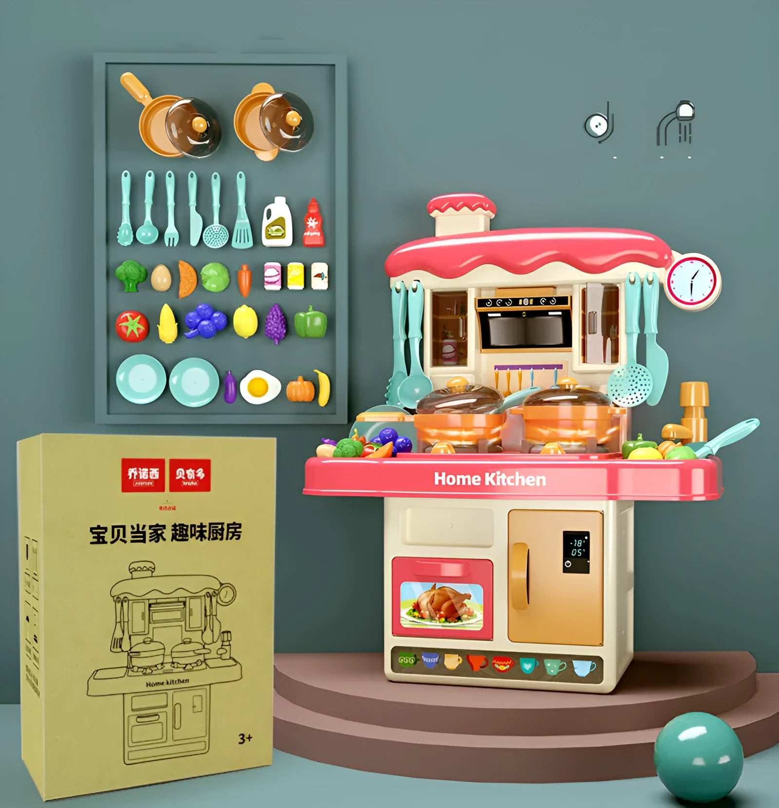 31-piece simulation kitchen table toy set with pink plastic utensils and 43cm table featuring sound light and real spray water
