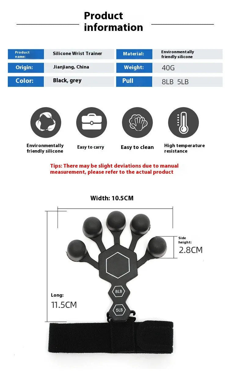 Grey silicone hand trainer brace with 5-finger design for adult rehabilitation and strength training