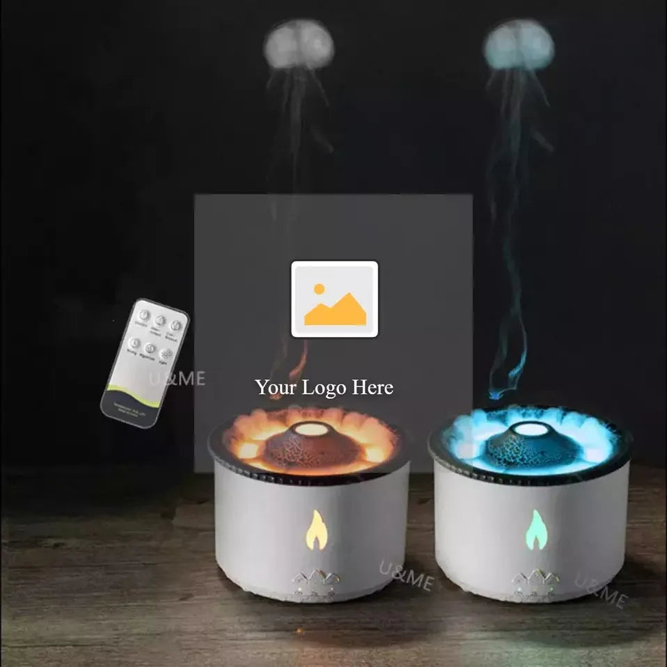 White flame and blue volcano humidifier diffuser with remote control on a table