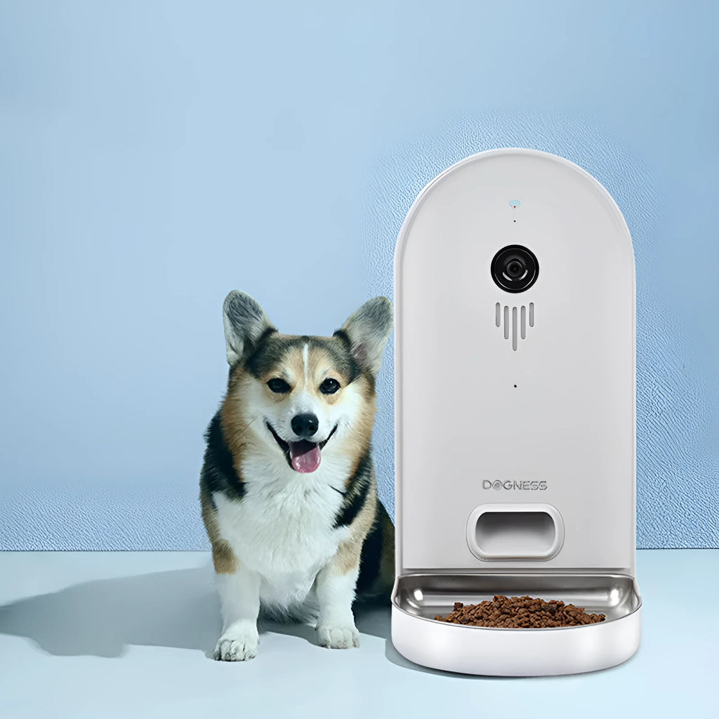 Intelligent automatic pet feeder for dogs and cats in light grey and white with APP control