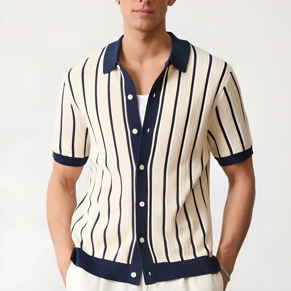 White men's short sleeve knitted shirt with asymmetric stripes and a lapel collar.