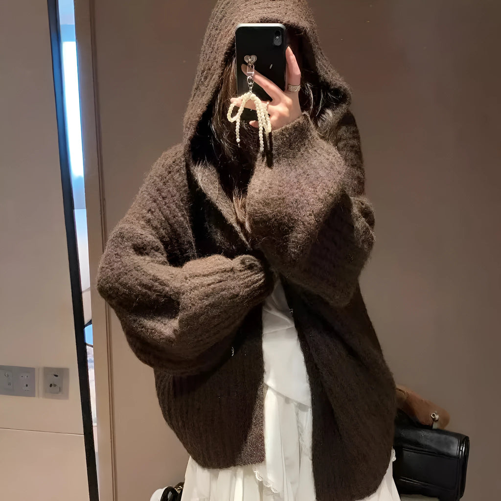 Women's brown retro-style hooded cardigan with a thick knit texture on a hanger.