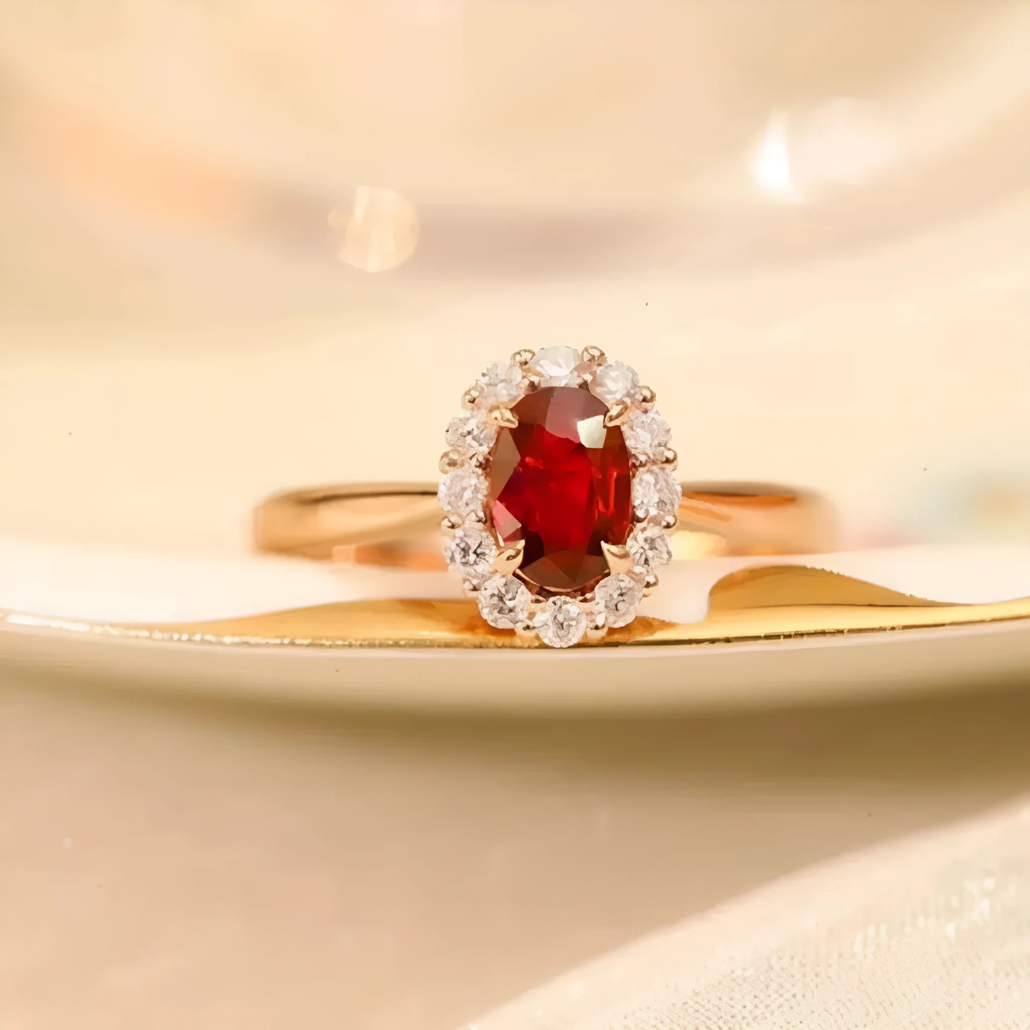 Gold pigeon motif women's ring with red blood ruby artificial gemstone and floral design in silver and gold plating