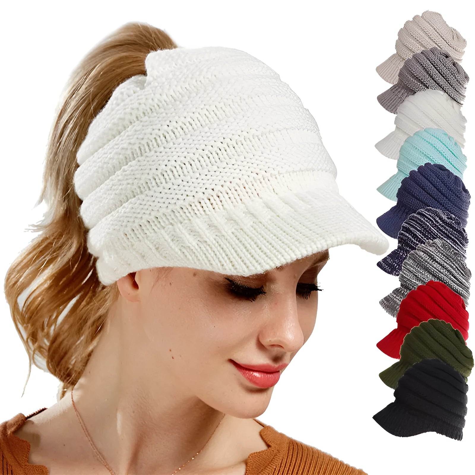 Women's acrylic ponytail beanie hat with hair opening in multiple colour options