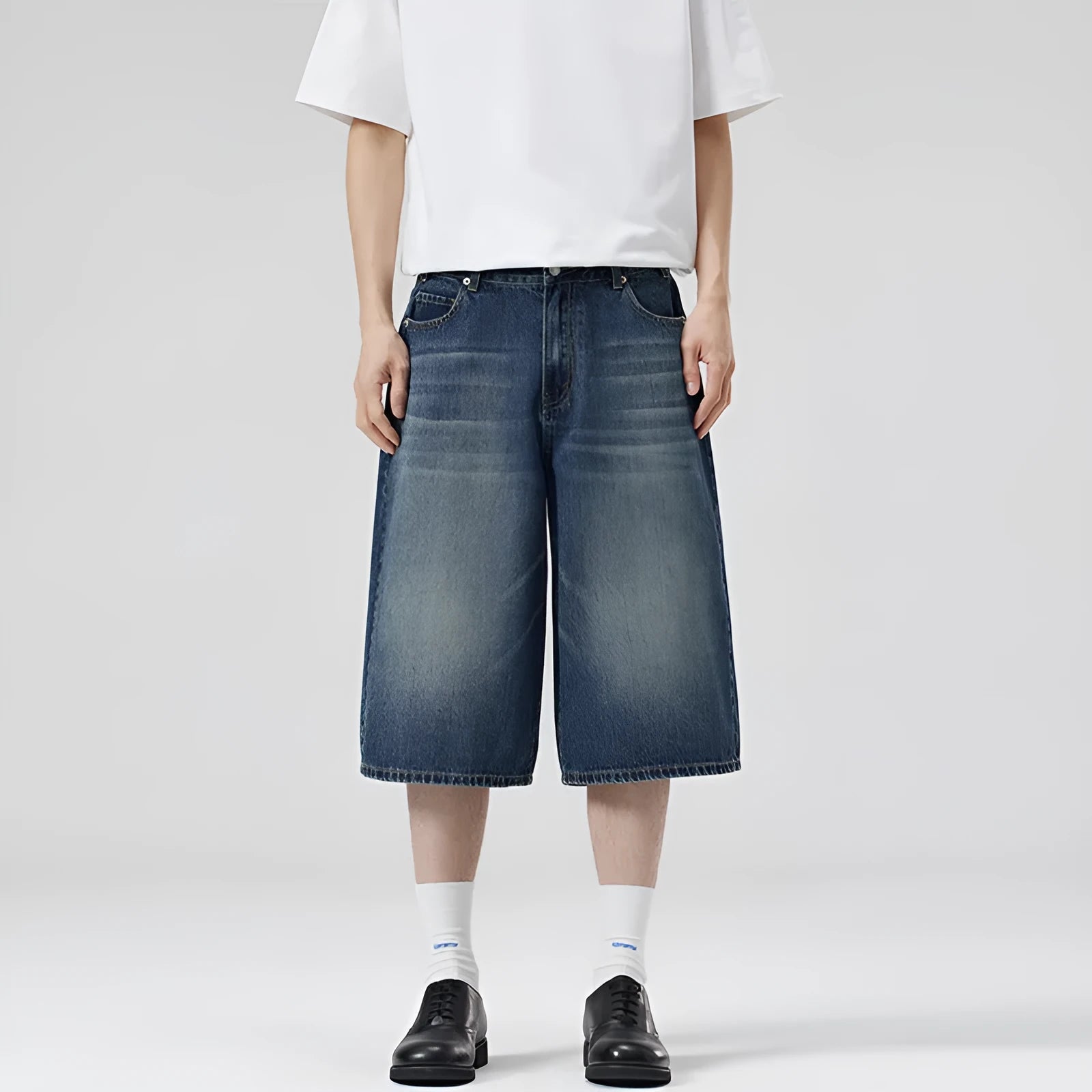 Men's cotton denim straight-leg summer shorts in loose cropped fit available in multiple colours