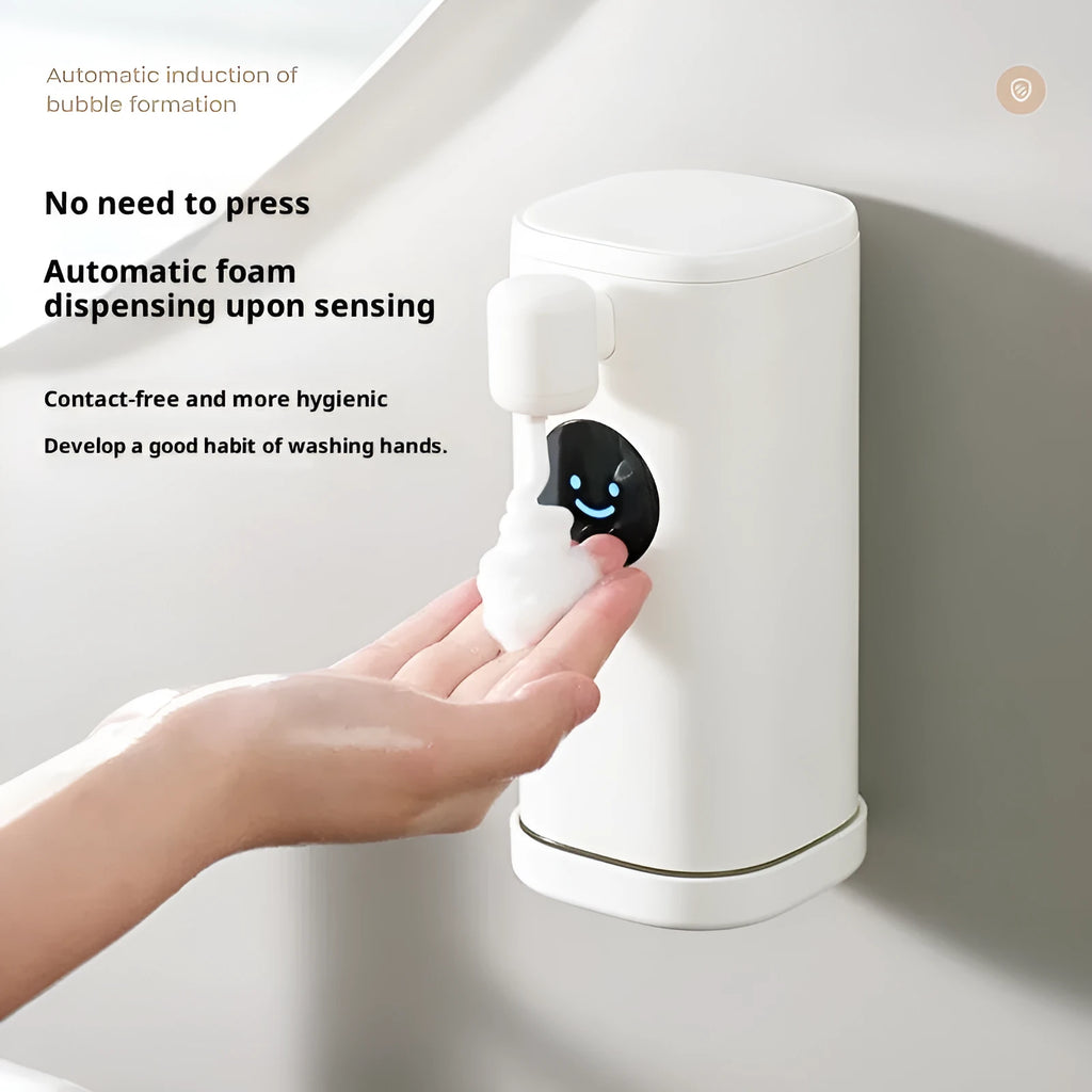 White Smile automatic hand washing machine with intelligent induction sensor mounted on a wall showing foam dispensed into a hand