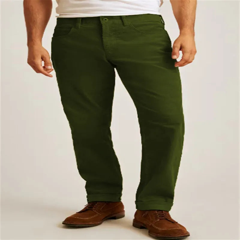Cotton blend corduroy straight leg casual trousers on a hanger, shown in Army Green colour.