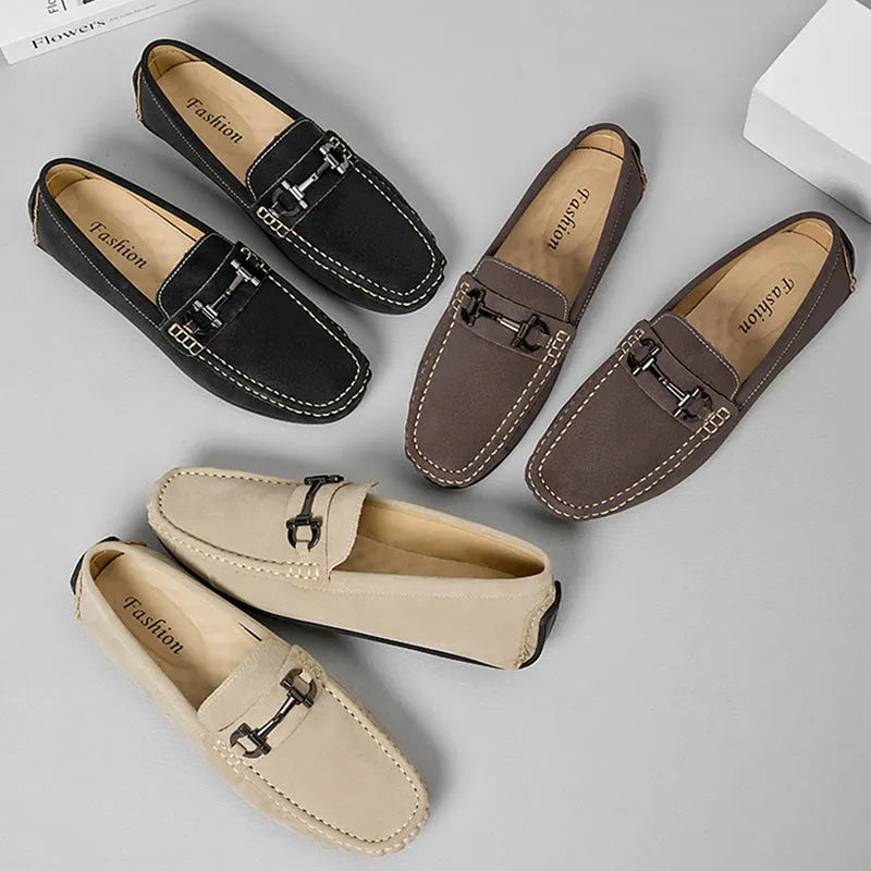 Men's casual slip-on Doug shoes in black, brown, or beige with two-layer cowhide upper, leather lining, and rubber sole.