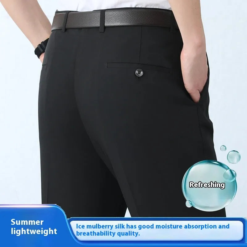 Men's dark blue straight-leg suit trousers with a high waist and non-iron finish on a hanger.