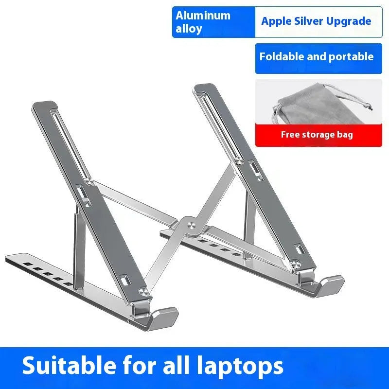 Aluminium folding laptop stand in silver colour with cooling gap beneath device placement area