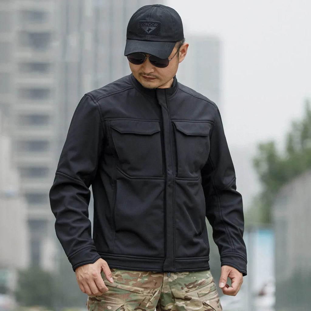 Bone Frog Peak Breaker soft shell tactical jacket in black camouflage for mountaineering.