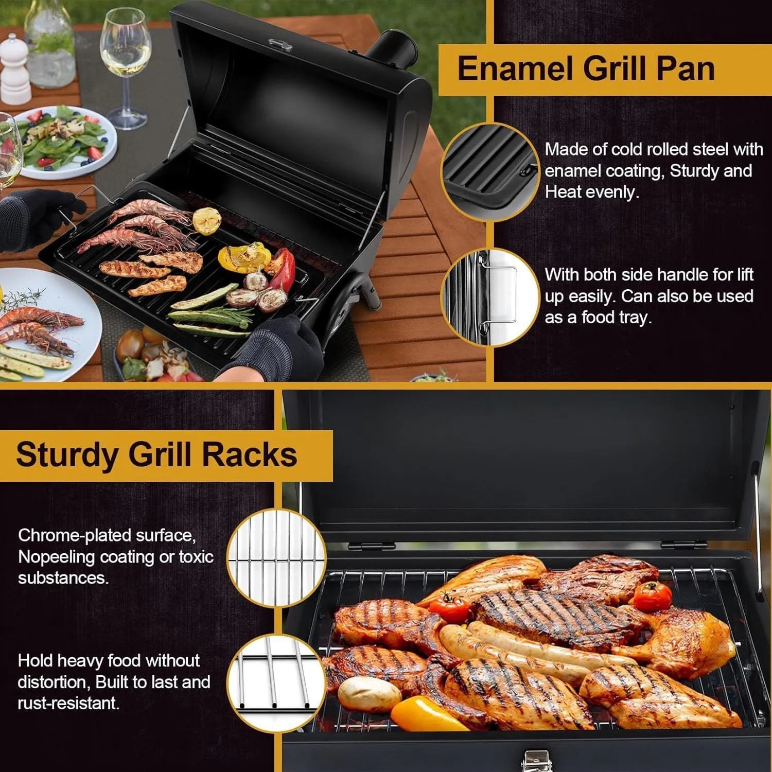 Small folding metal desktop charcoal barbecue grill for portable outdoor cooking.