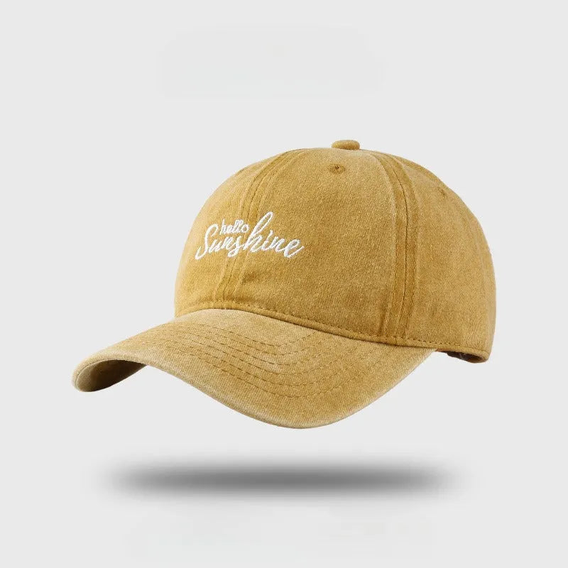 Cotton blend sun protection peaked cap in khaki with embroidered English letters, size M 56-58cm