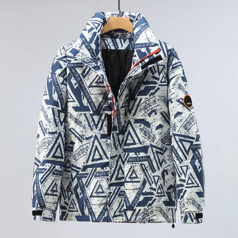 Men's winter thickening down jacket with white duck down filler in camouflage pattern, black colour