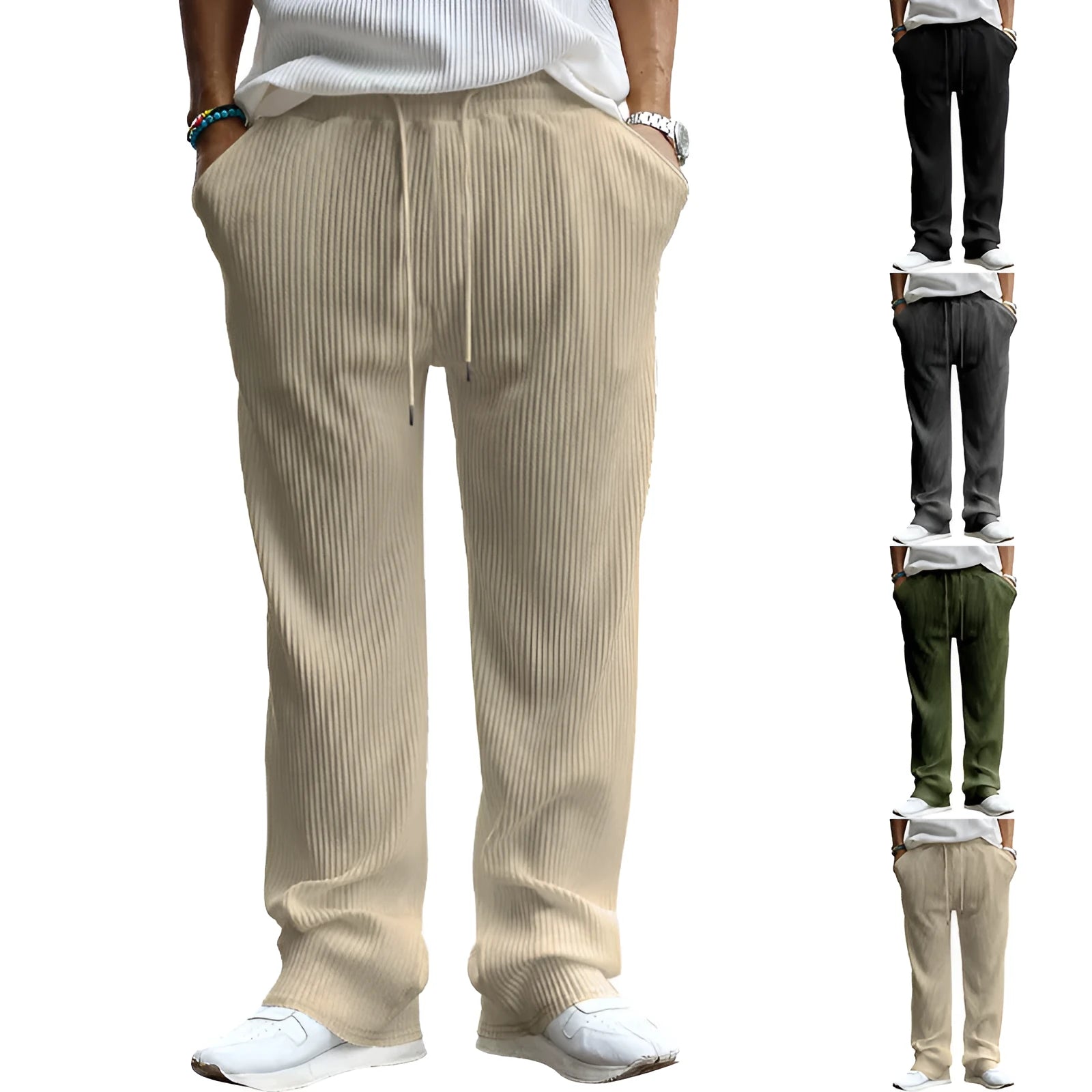 Men's casual high-waist straight-leg trousers in Army Green colour
