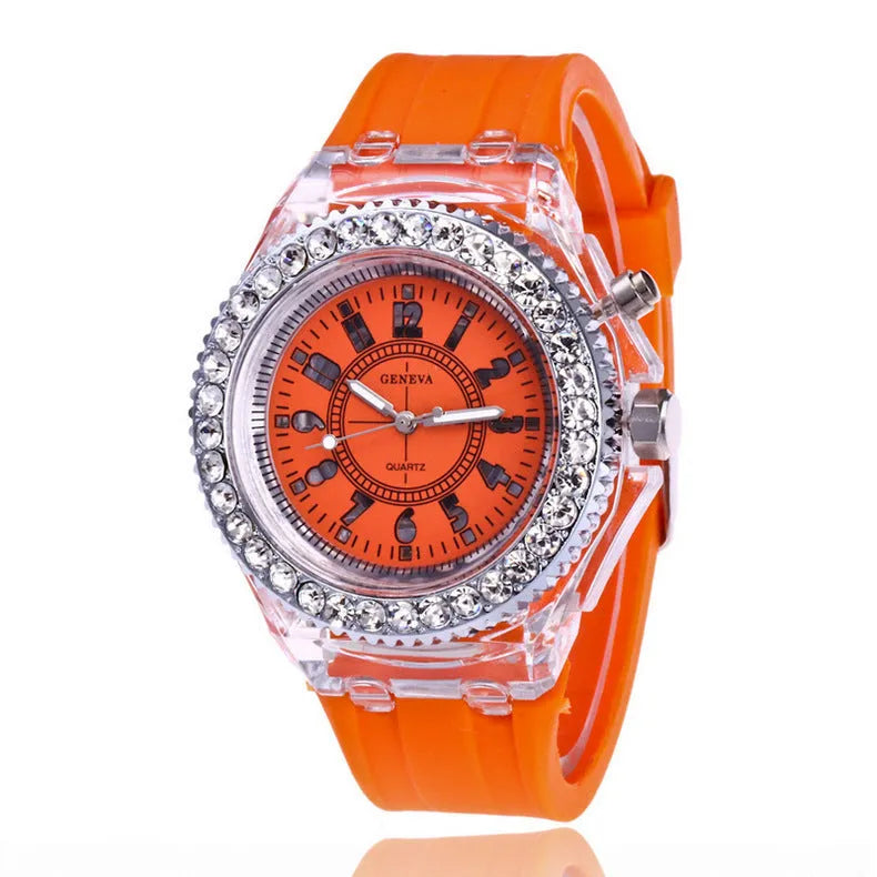 Women's LED luminous quartz watch with round 43mm alloy case and silicone strap in multiple colour options