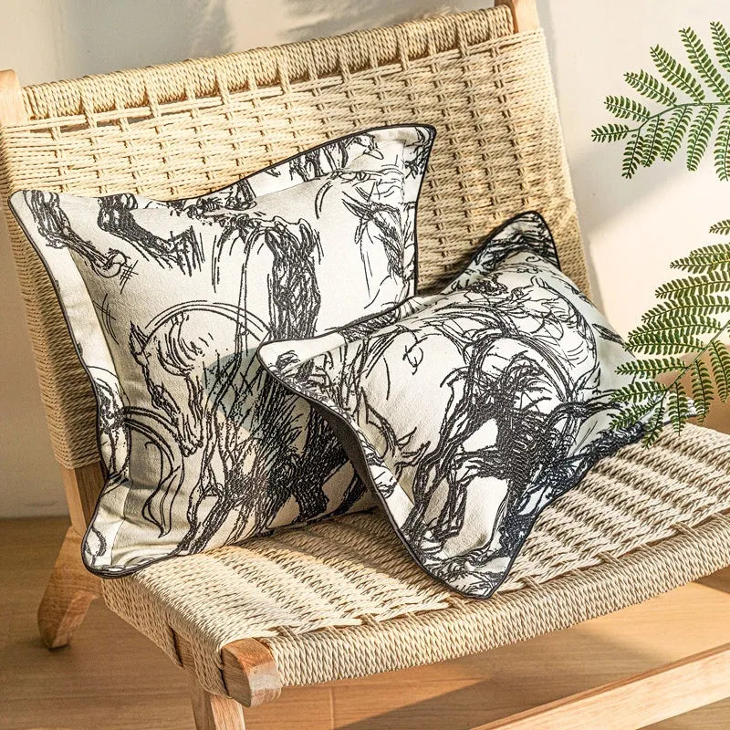 Modern abstract golden horse design on a jacquard weave square decorative cushion pillow.