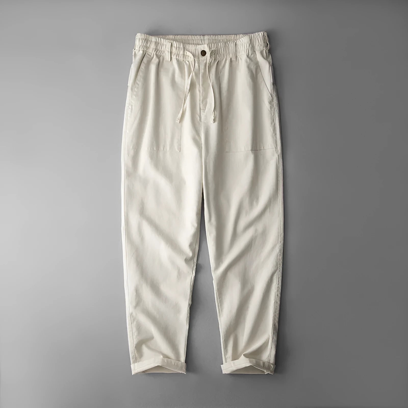 Men's straight-leg linen trousers in a retro casual style, shown in a solid colour.