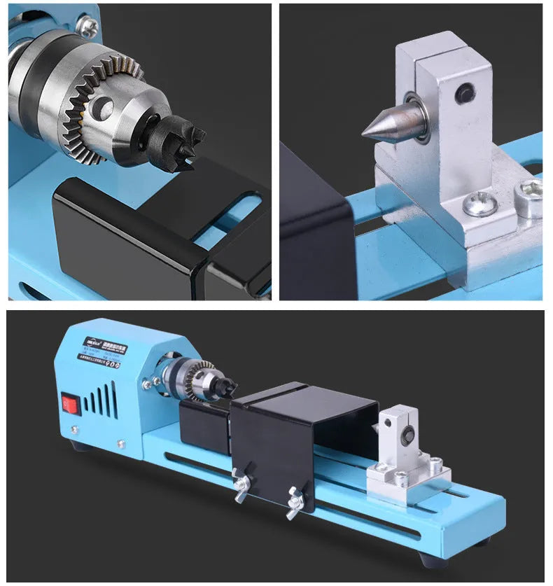 Mini woodworking lathe in blue with steel chuck, drill bit, and protective cover on a desktop