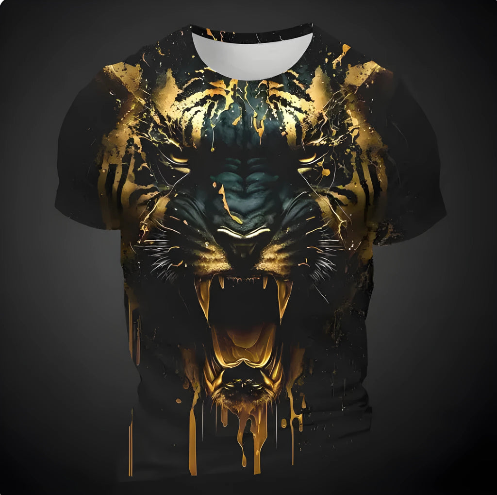 Men's 3D tiger pattern T-shirt in polyester with digital printing and short sleeves
