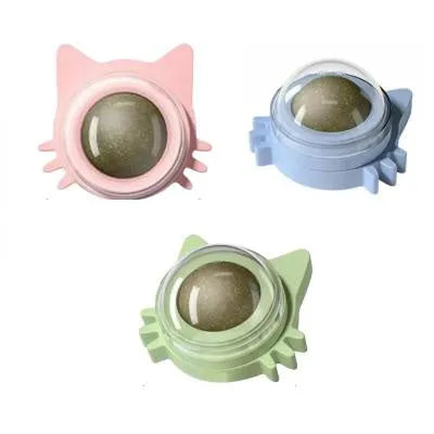 Colourful rotating catnip ball wall toy with edible mint material in cat face shape