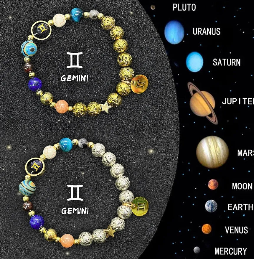 Natural stone bead zodiac bracelets for twelve astrological signs with adjustable cord.