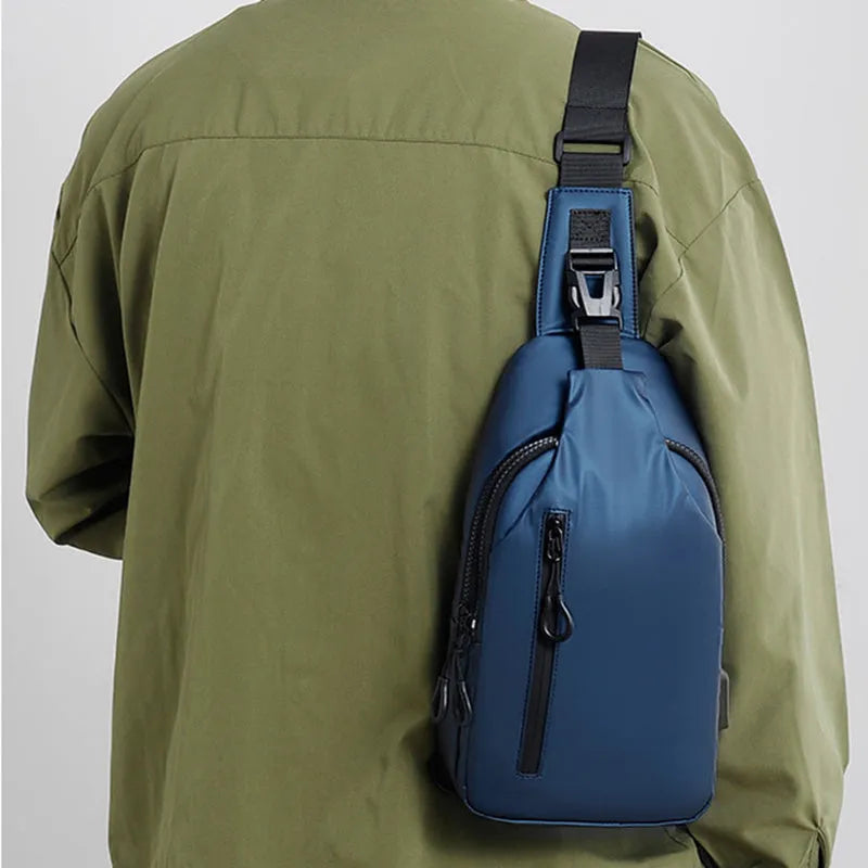 Black sling crossbody backpack for men with zipper and polyester lining, vertical square shape, solid colour design