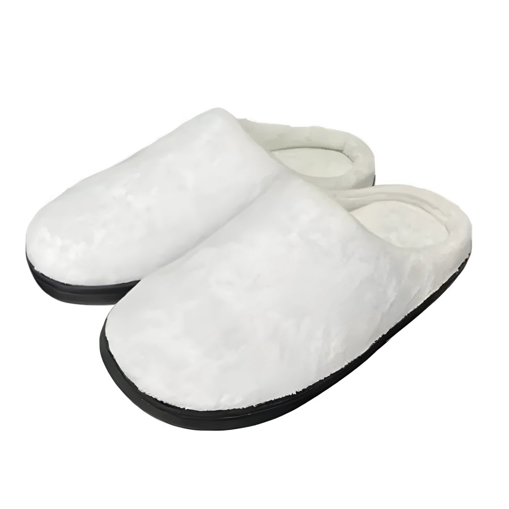 Customisable printed cotton slippers with flannel upper and textured TPR sole, shown in multiple adult sizes.
