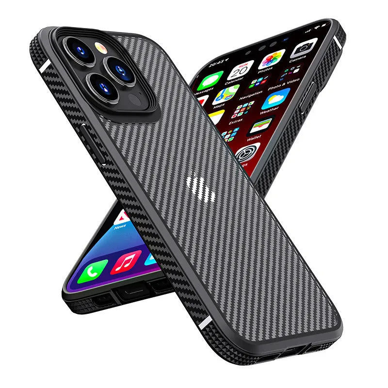 Black and blue anti-fall protective phone cases for iPhone 13 series with carbon fibre pattern.