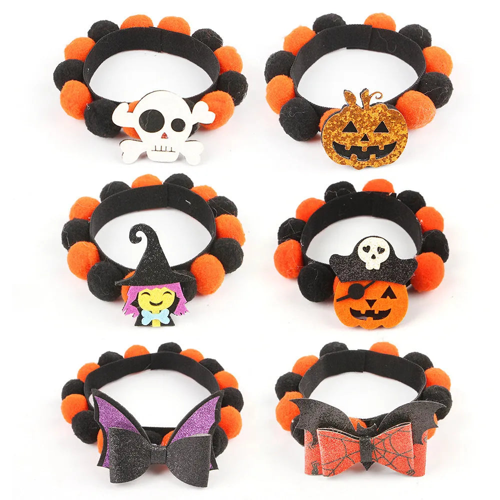 Halloween pet fur ball collar in pumpkin design with adjustable sizing