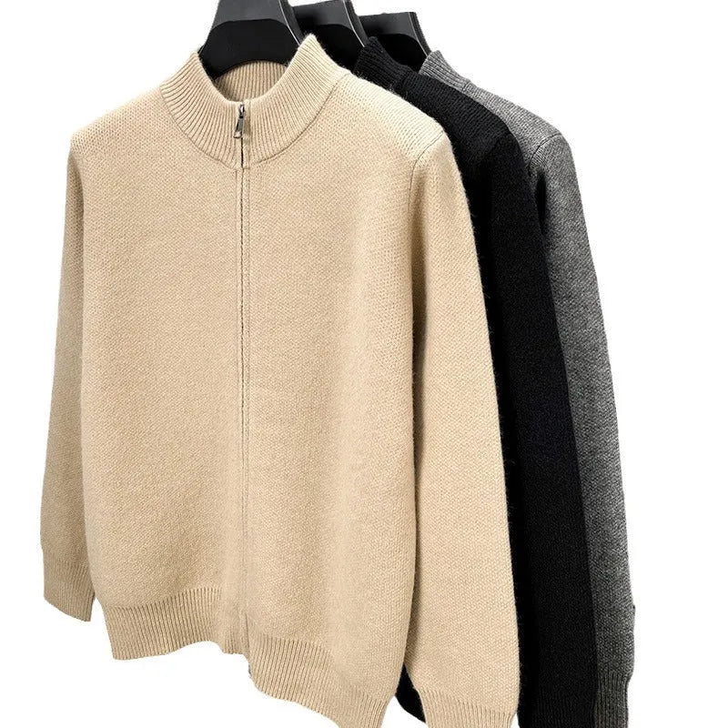 Men's thick stand collar knitted cardigan with zipper front in loose fit showing black, grey and beige colour options