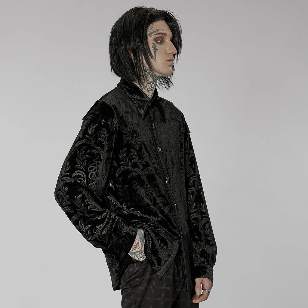 Black Gothic style velvet men's shirt with pointed collar, long sleeves, and decorative printing details