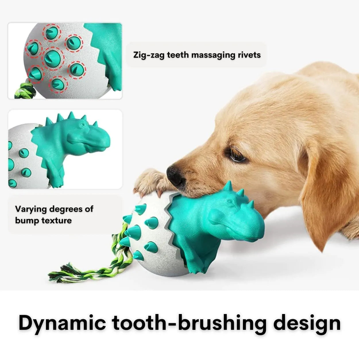 Blue durable rubber dinosaur dog chew toy with a green nylon rope, shown for scale.