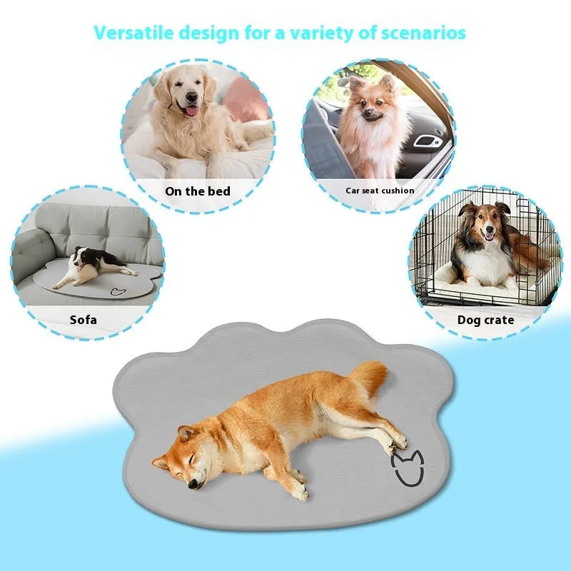 Ice silk cooling mat for dogs in a dog head pattern, showing non-slip base and scratch-resistant surface.