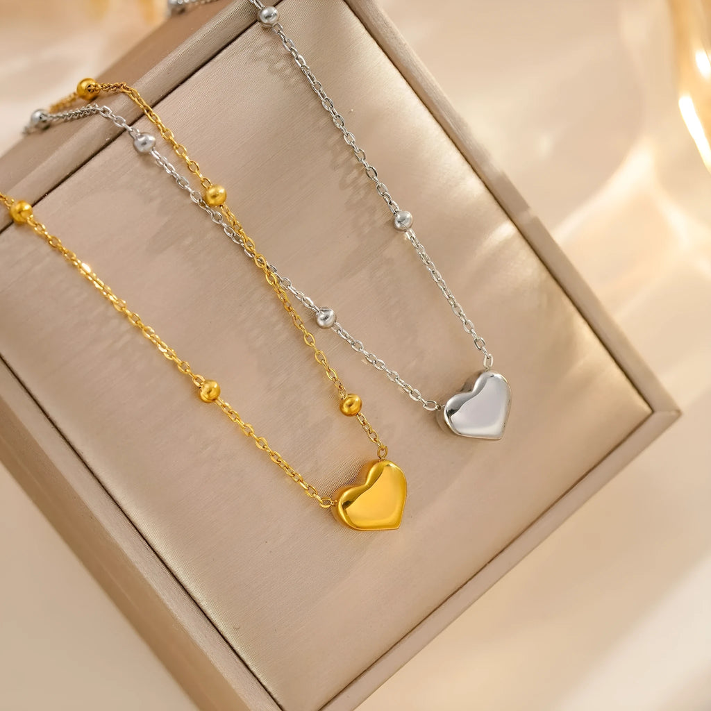 Love titanium steel necklace for women, ball bead chain, electroplated silver finish, geometric pendant
