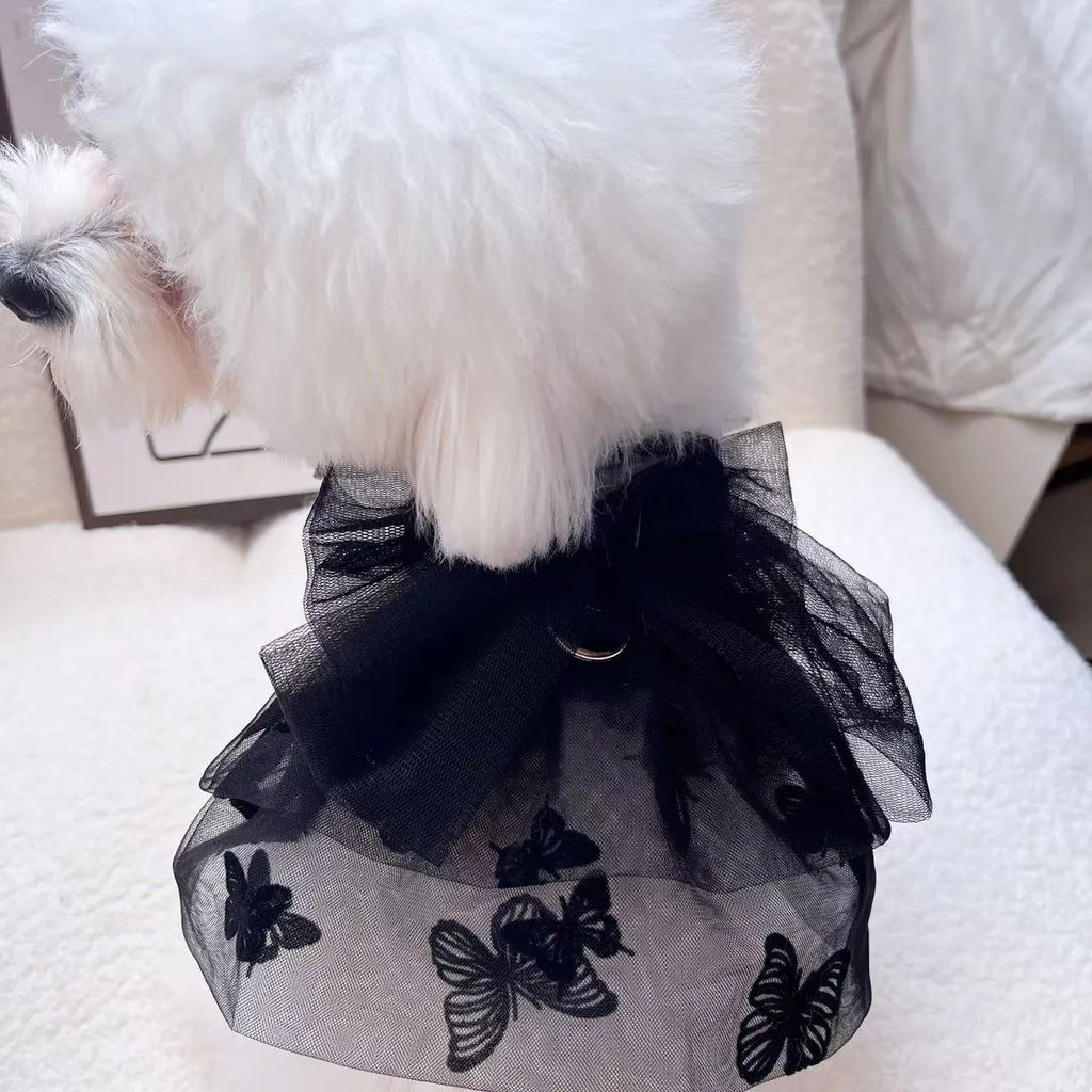 Black gauze tulle princess skirt on a small dog, showing layered design and fit.