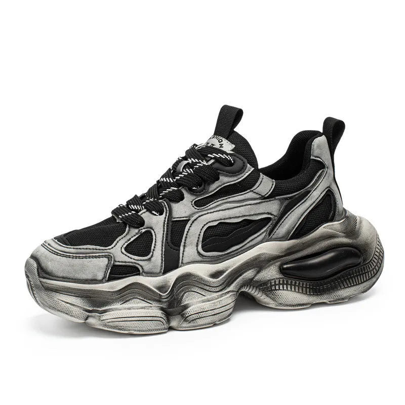 Men's black and grey mesh platform sneakers with a round toe and lace-up front on a rubber sole.
