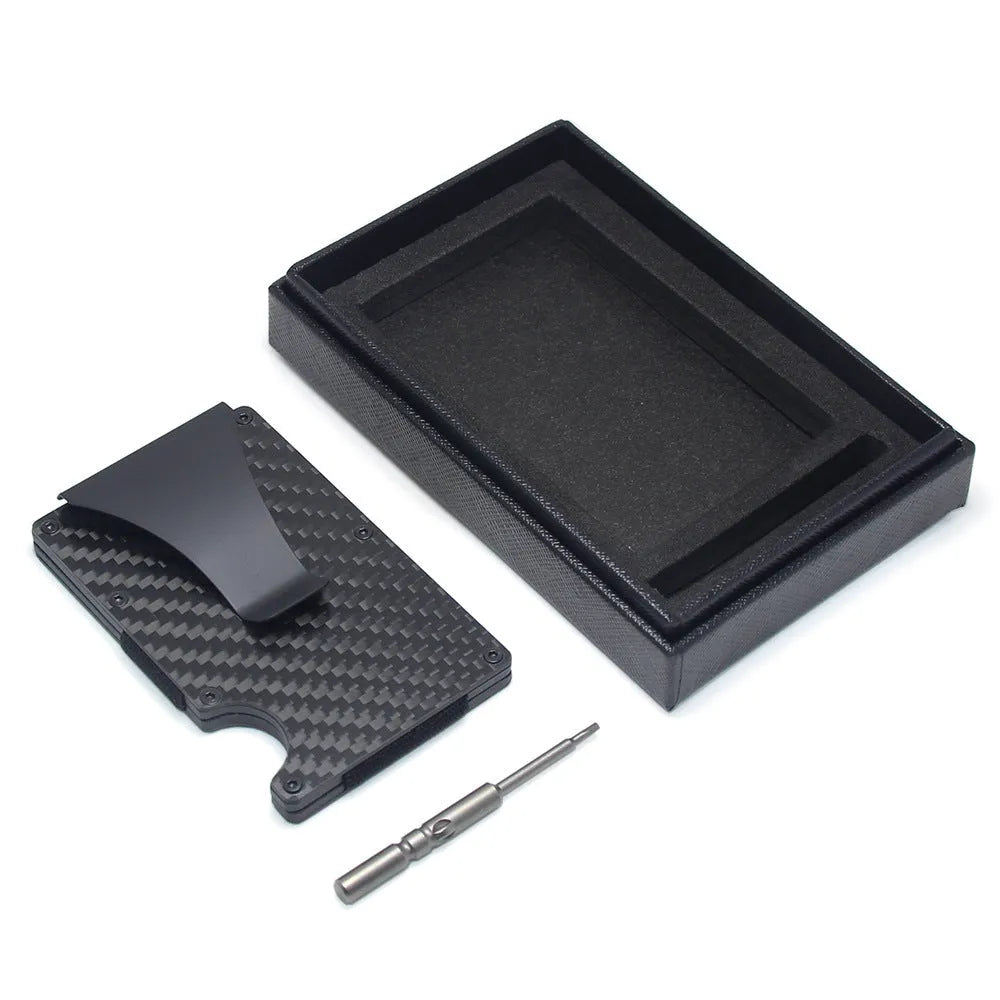 Geometric aluminium and carbon fibre card holder in multiple colours on a table, showing slim 8mm profile.