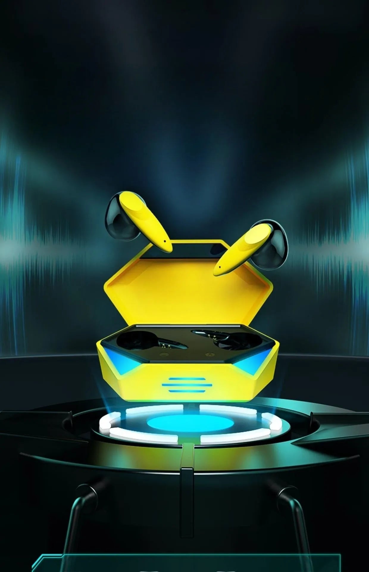 G20 Yellow TWS Bluetooth gaming headphones with charging compartment on a white background