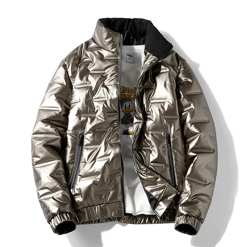 Plus-size shiny thick cotton coat in solid colour with side seam pockets