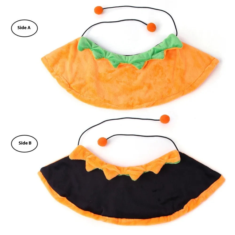 Reversible plush Halloween pumpkin cloak for dog or cat shown in three sizes